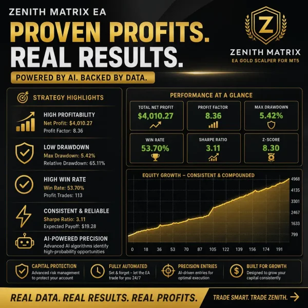 Zenith Matrix EA AI Gold Scalper for MT5 Profit Overview
